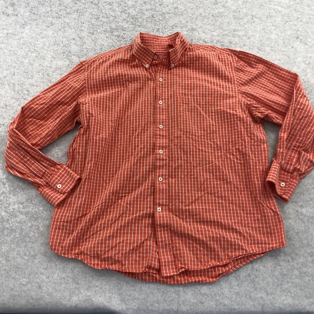 IZOD Shirt Mens XL Orange Check Long Sleeve Button Up Casual Cotton Classic Fit